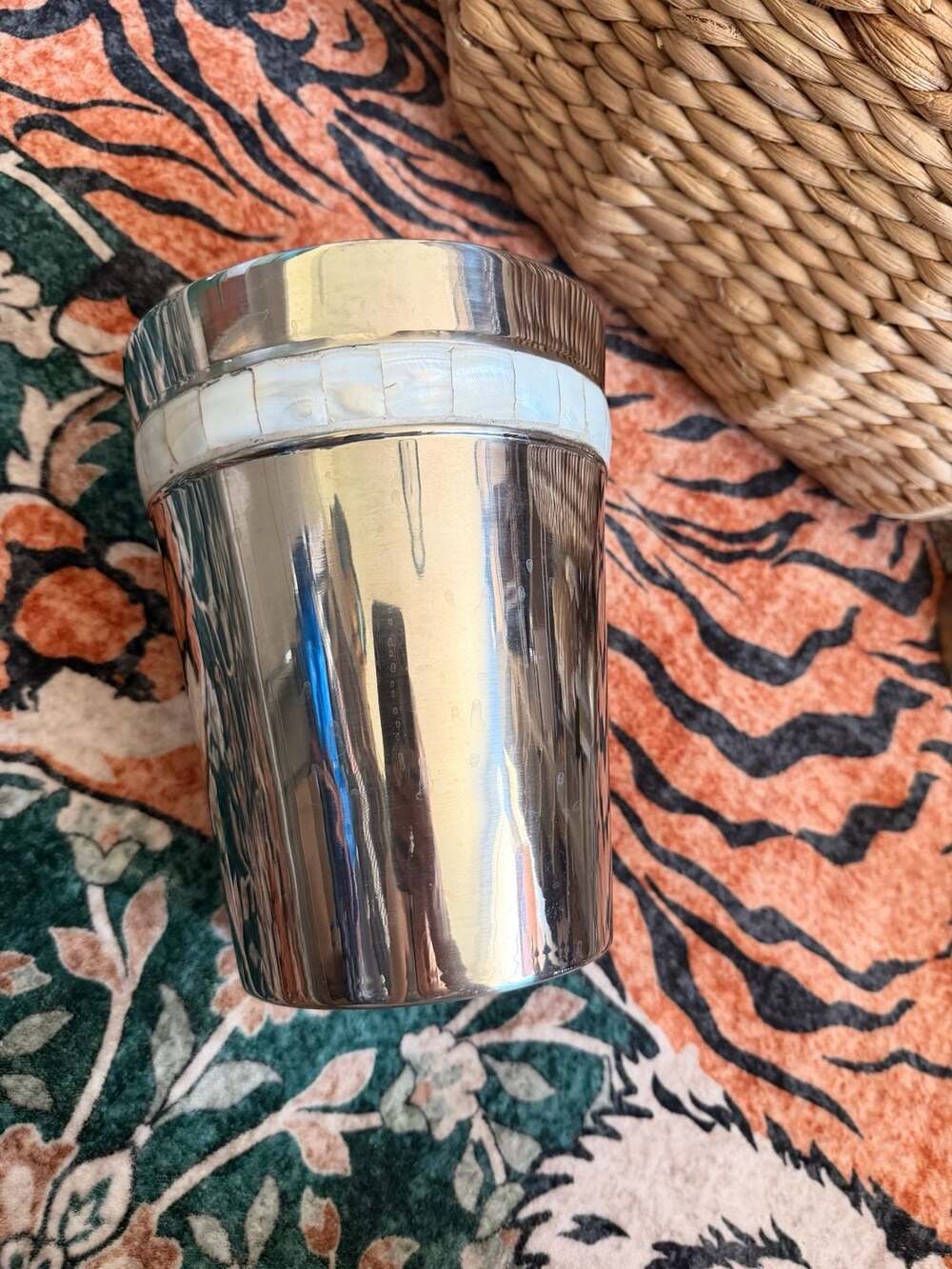 Metal Silver Tone Ice Bucket Mother Of Pearl Inlay Fancy Old Money Barware